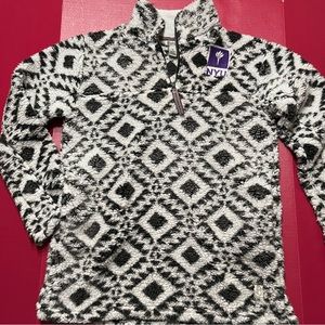 NYU Deep Pile Fleece Pullover S Logo Crest Black White New York University Aztec